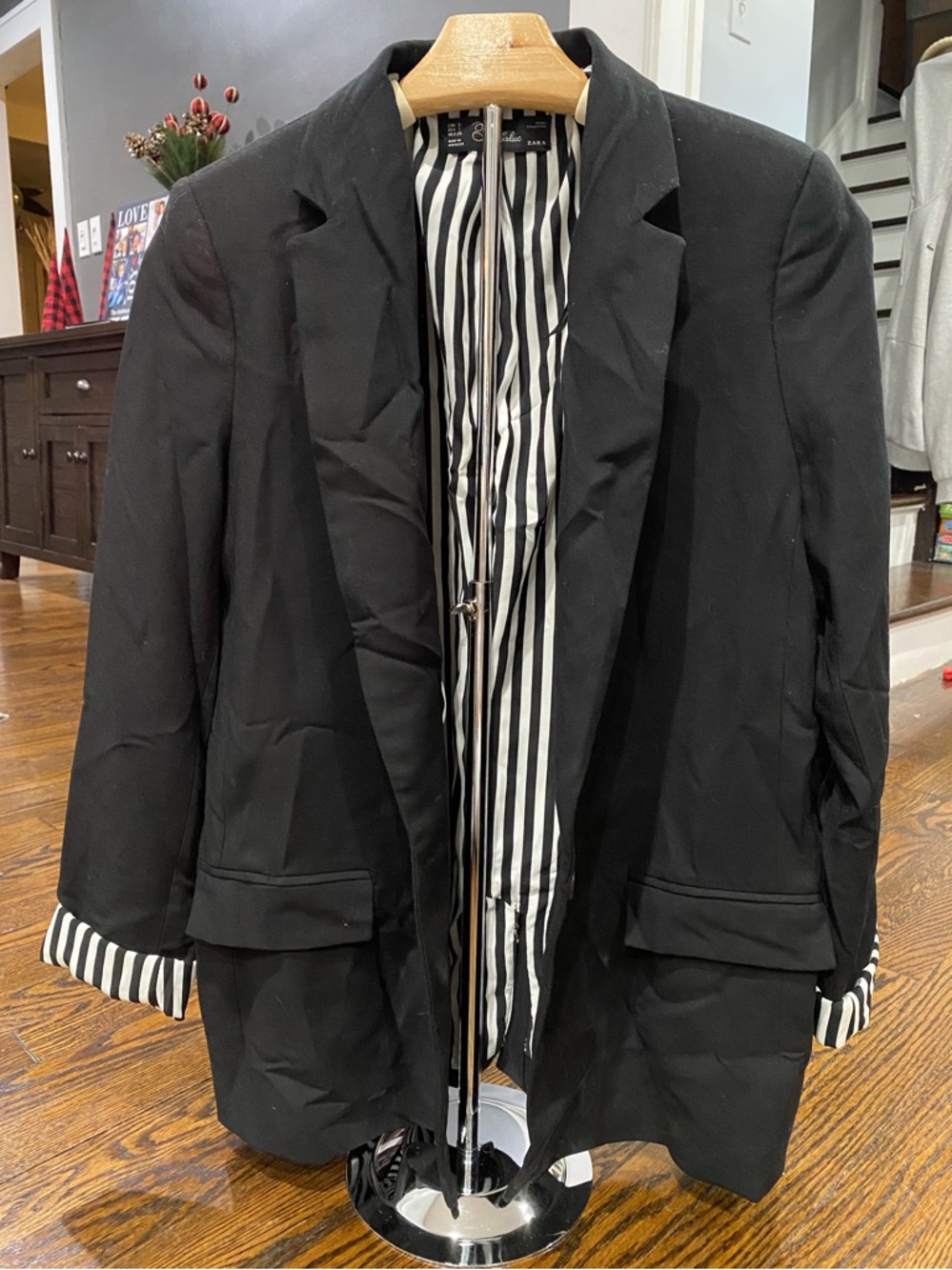 Zara Black Blazer with Black-and-White Striped Lining